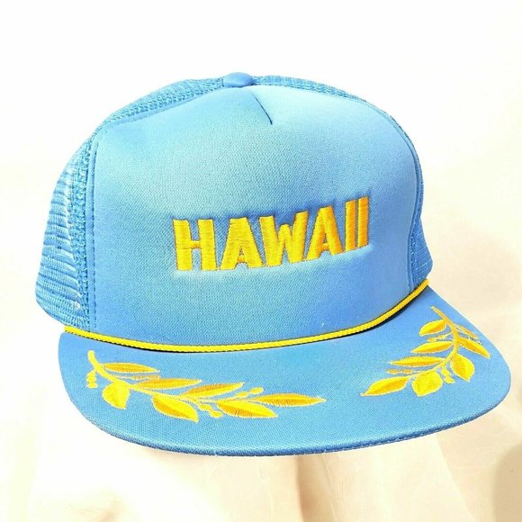 Hawaii Vintage Trucker Hat Blue Gold SnapBack Cap Hawaiian Headwear mesh back - Picture 2 of 8